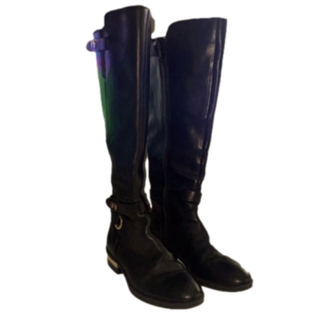 SOLD!!! VINCE CAMUTO Tall Riding Boots Black Leather Gold Hardware Cowgirl - Picture 1 of 14